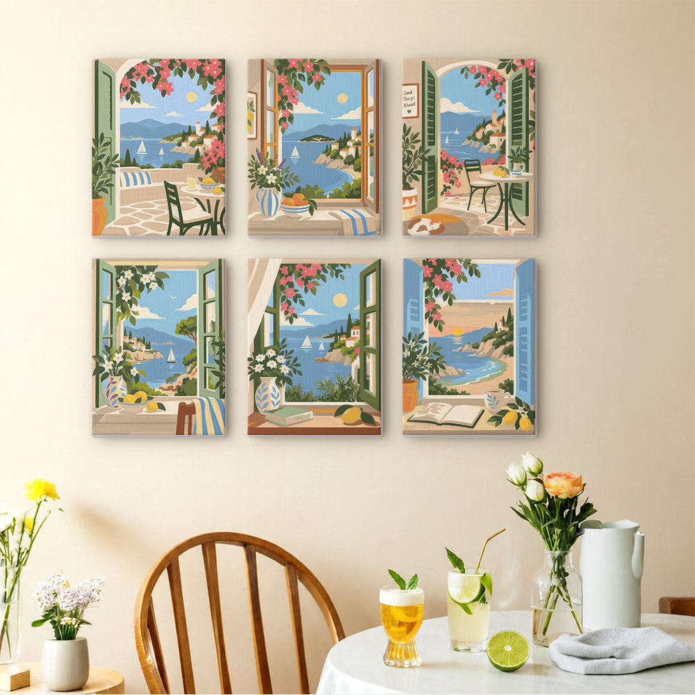 Windows to the Sea mini paintings displayed as a gallery wall in a sunny kitchen