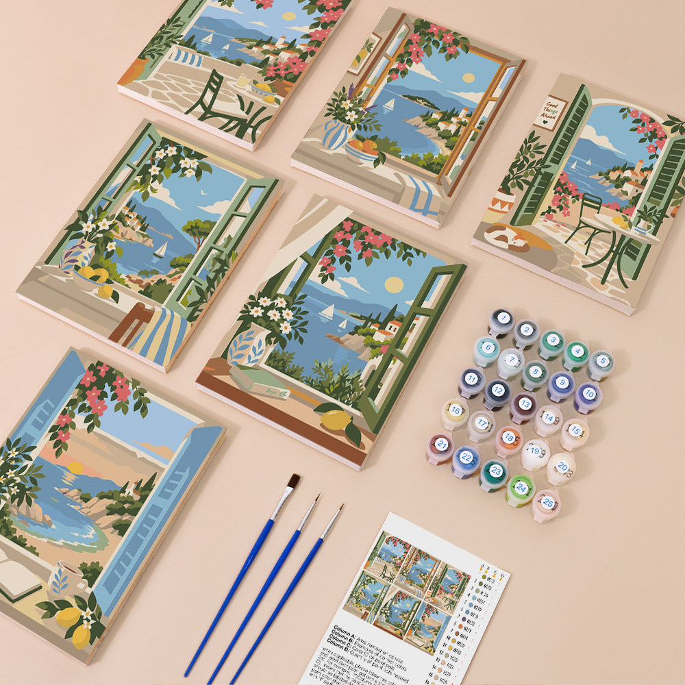 Windows to the Sea mini paint by numbers kit with six numbered canvases, acrylic paints, brushes and layout