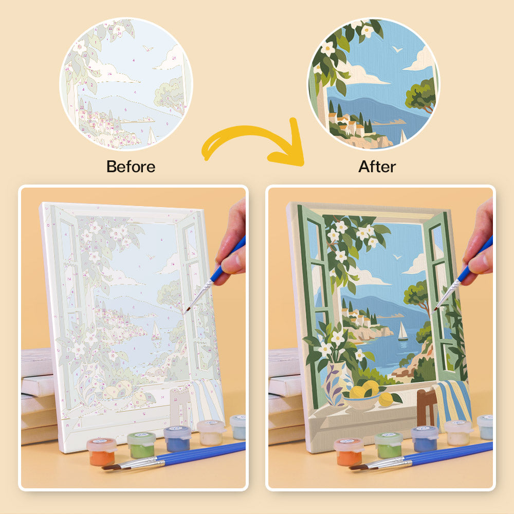 Before and after of a Windows to the Sea mini paint by numbers canvas