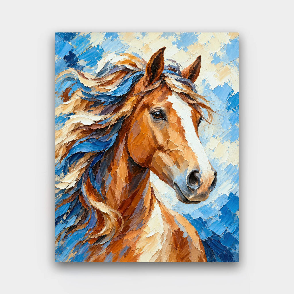 Windswept Mane paint by numbers kit of a horse head portrait with a flowing mane in textured palette-knife strokes of brown and blue