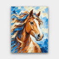 Windswept Mane paint by numbers kit of a horse head portrait with a flowing mane in textured palette-knife strokes of brown and blue