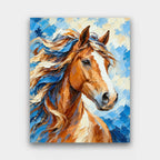 Windswept Mane paint by numbers kit of a horse head portrait with a flowing mane in textured palette-knife strokes of brown and blue