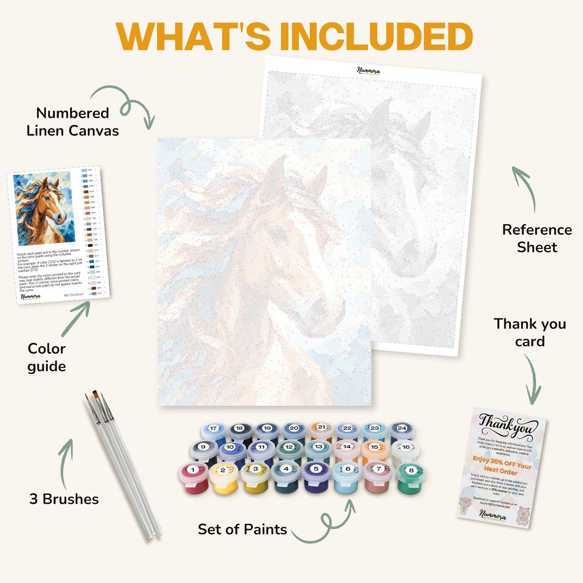 What's included in the Windswept Mane paint by numbers kit: numbered linen canvas, reference sheet, color guide, 24 acrylic paints, 3 brushes and thank you card