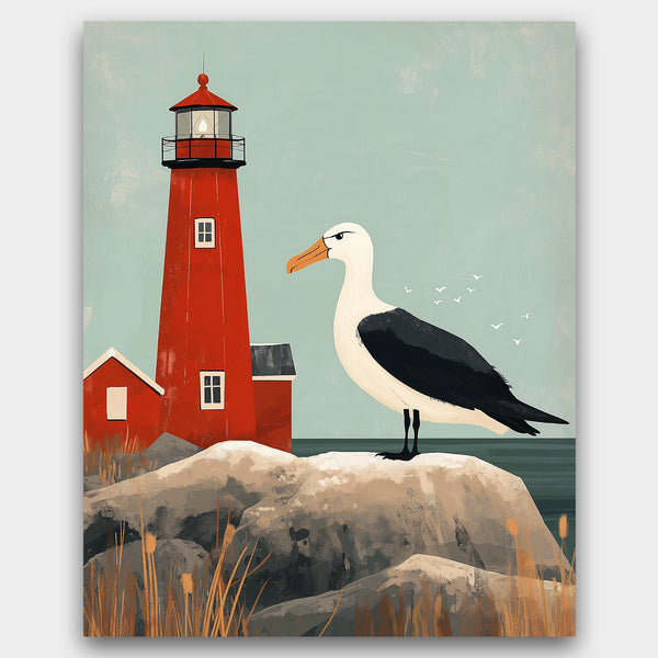 Illustration of a red lighthouse and a seagull on rocks with a light blue sky.