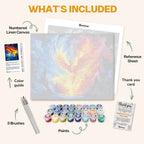 What's included in the Wings of Fire paint by numbers kit: numbered linen canvas, reference sheet, color guide, 24 acrylic paints, 3 brushes and thank you card