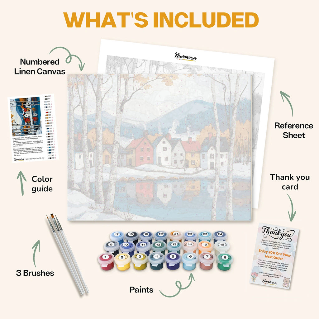 What's included in the Winter in the Fjords paint by numbers kit: numbered linen canvas, reference sheet, color guide, 24 acrylic paints, 3 brushes and thank you card
