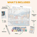What's included in the Winter in the Fjords paint by numbers kit: numbered linen canvas, reference sheet, color guide, 24 acrylic paints, 3 brushes and thank you card