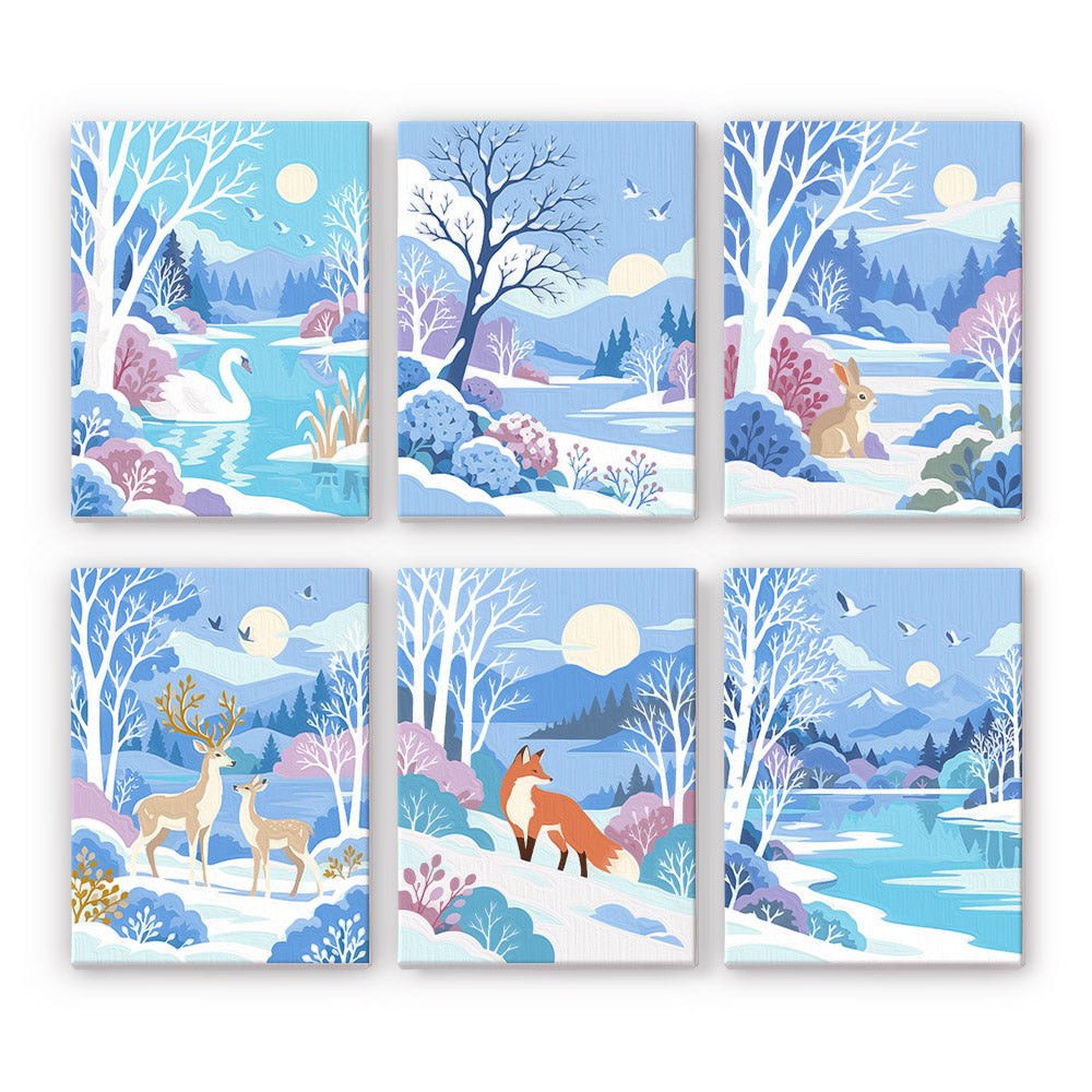Winter Wonderland mini paint by numbers set: six snowy designs of a swan, rabbit, deer, fox and frozen lake