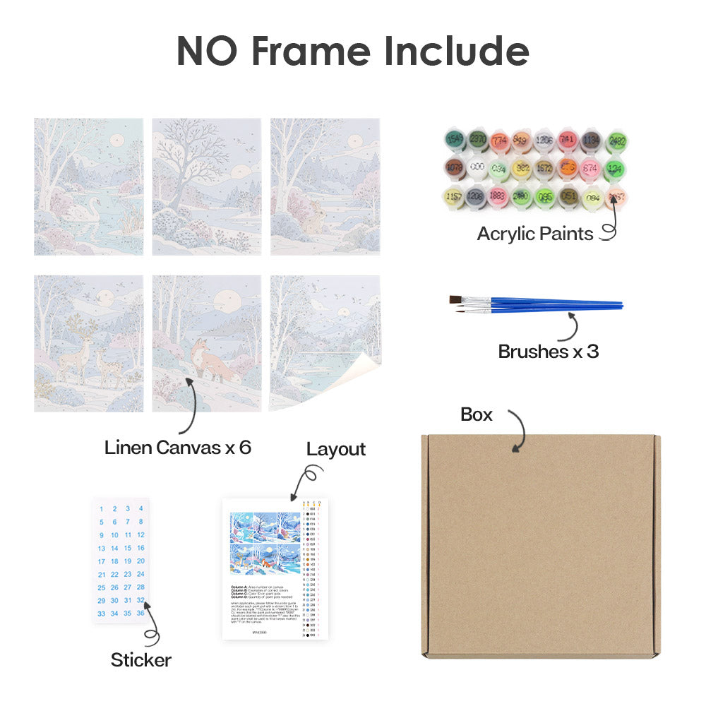 What's included without a frame: six rolled Winter Wonderland mini canvases, acrylic paints, three brushes and layout