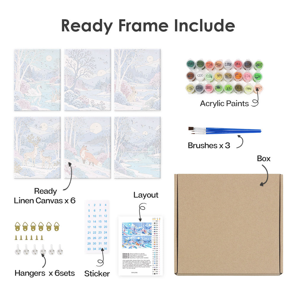 What's included pre-stretched on frame: six framed Winter Wonderland mini canvases, paints, three brushes, hangers and layout