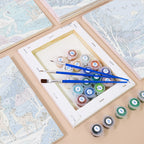 Numbered paint pots and brushes on a pre-stretched Winter Wonderland mini canvas