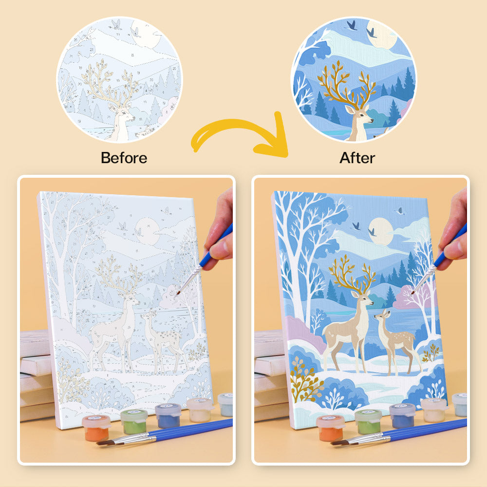 Before and after of a Winter Wonderland mini paint by numbers canvas