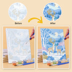 Before and after of a Winter Wonderland mini paint by numbers canvas