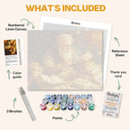 What's included in the Wisdom in the Autumn Breeze paint by numbers kit: numbered linen canvas, reference sheet, color guide, 24 acrylic paints, 3 brushes and thank you card