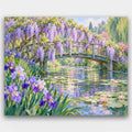 Wisteria Over the Lily Pond paint by numbers kit of a footbridge draped in purple wisteria over a lily pond with irises