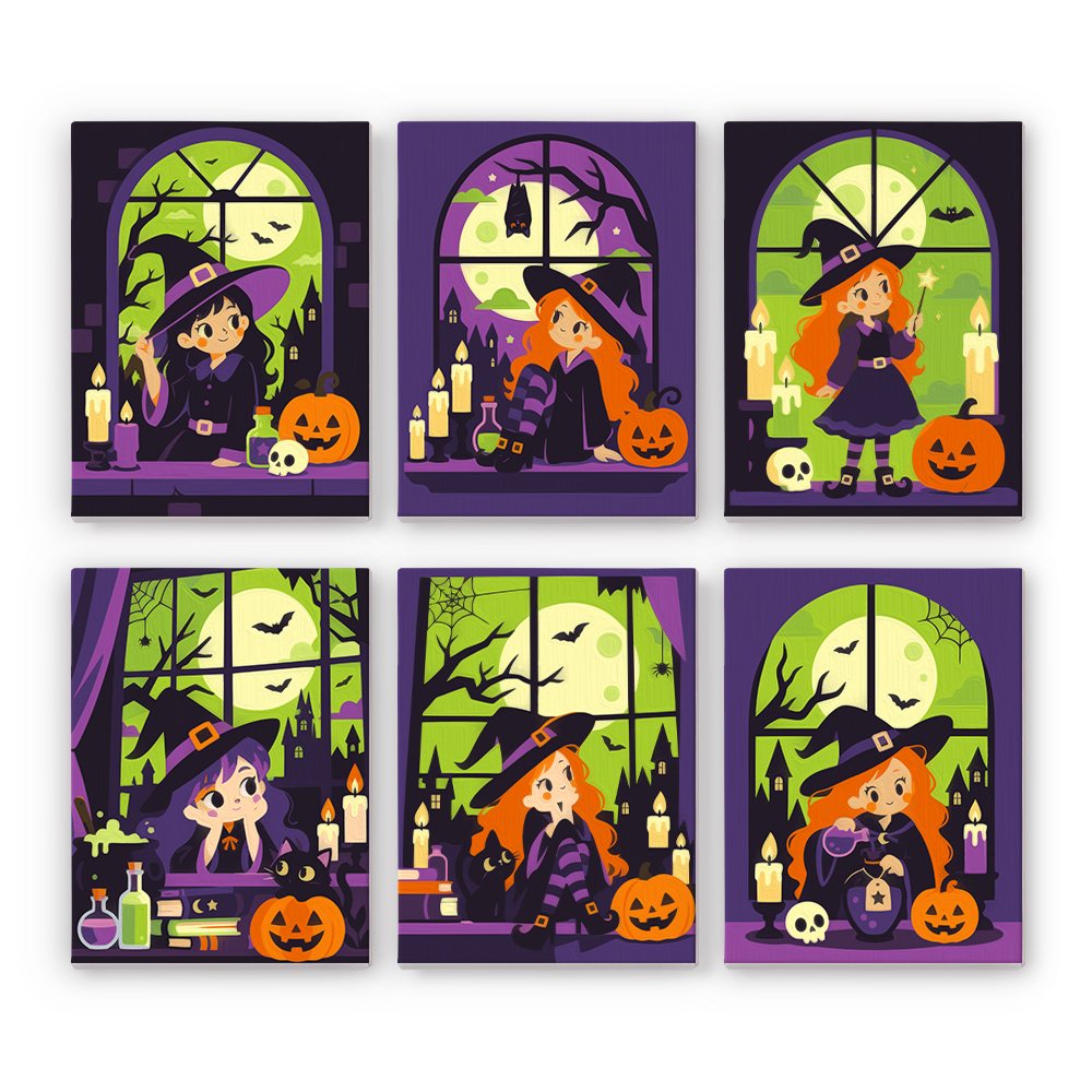 Witching Windows mini paint by numbers set: six young witches at arched gothic windows with lime-green moonlight, candles, potions and pumpkins