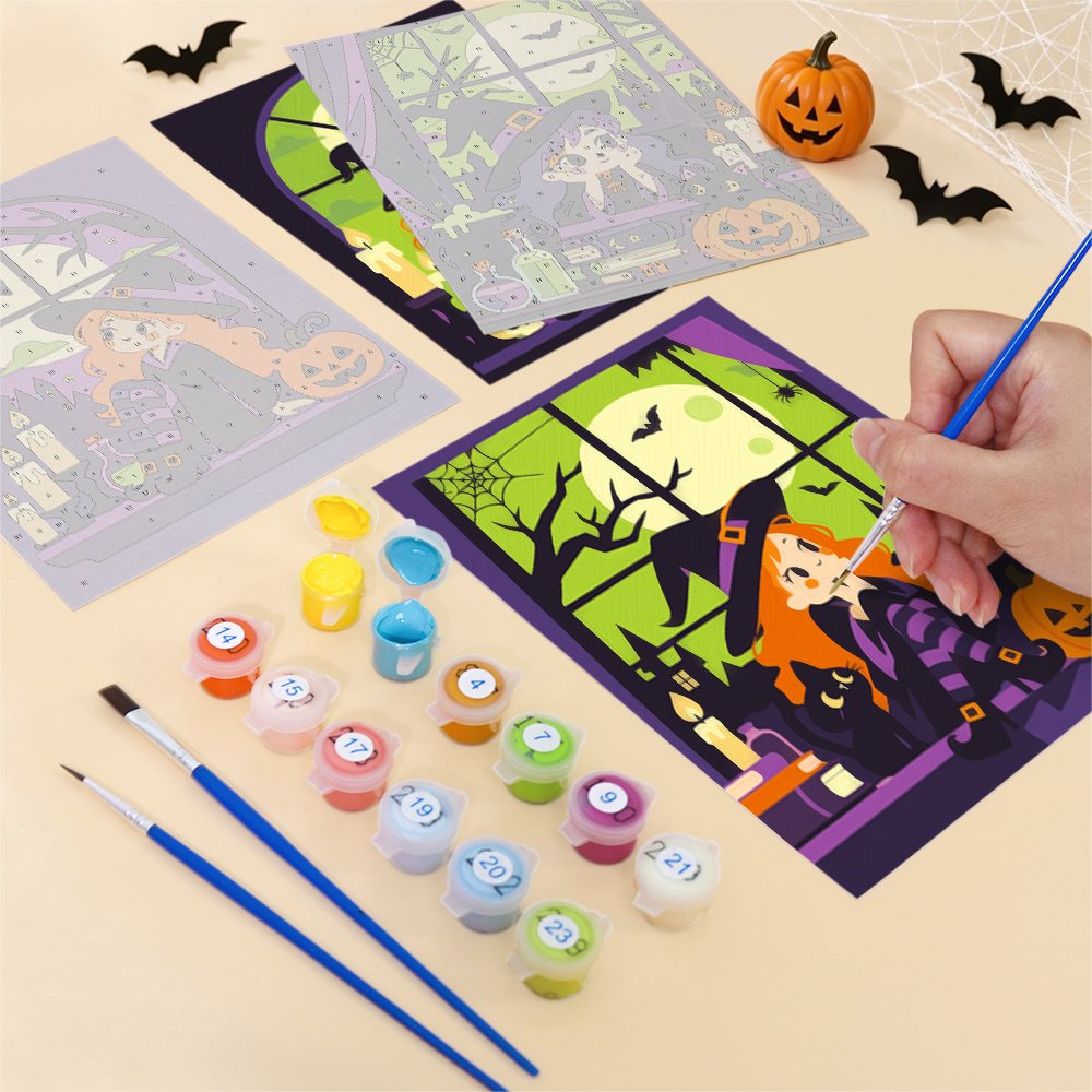 Filling in a Witching Windows mini canvas with numbered acrylic paints and a fine brush