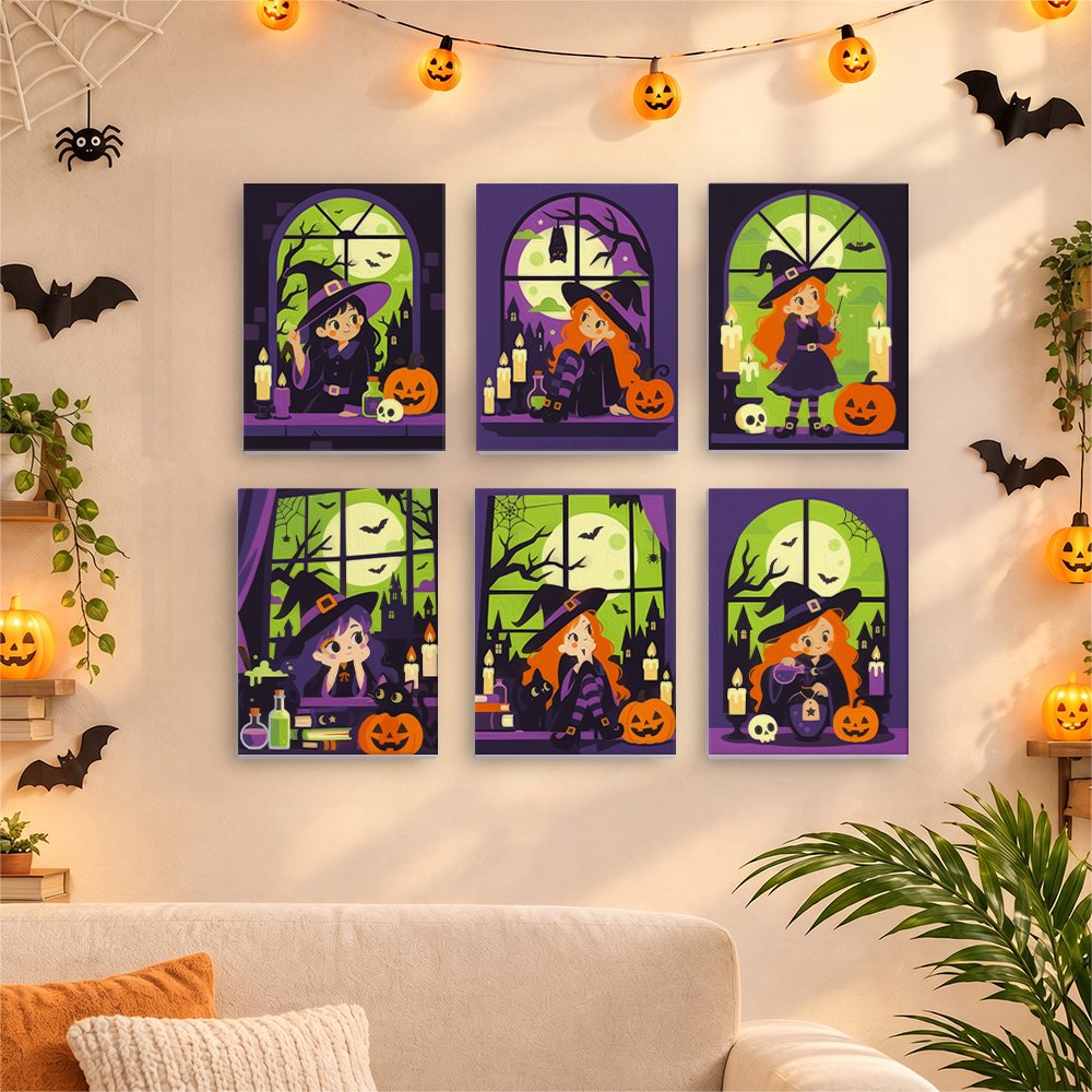 Six finished Witching Windows mini paintings hung on a wall above a table
