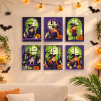 Six finished Witching Windows mini paintings hung on a wall above a table