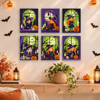 Witching Windows mini paintings displayed as a gallery wall in a sunny kitchen