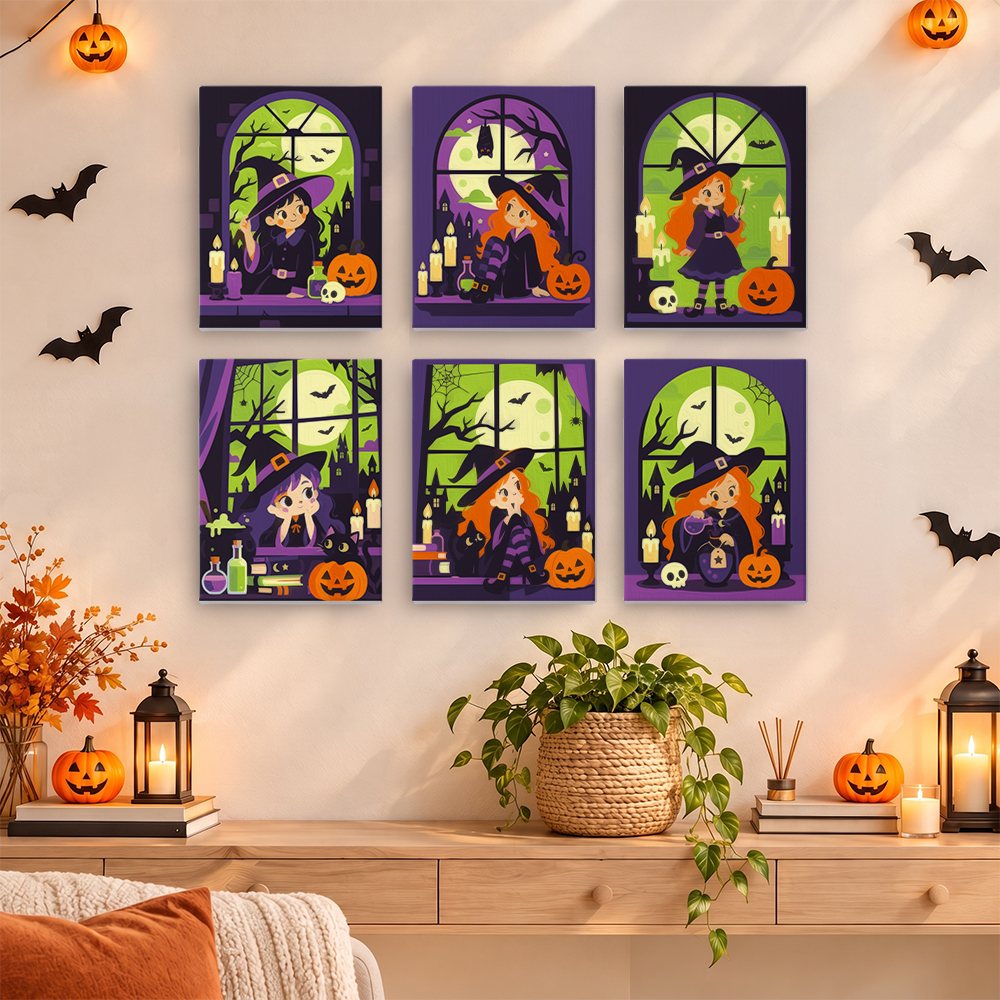 Witching Windows mini paintings displayed as a gallery wall in a sunny kitchen