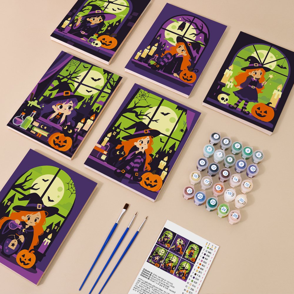 Witching Windows mini paint by numbers kit with six numbered canvases, acrylic paints, brushes and layout