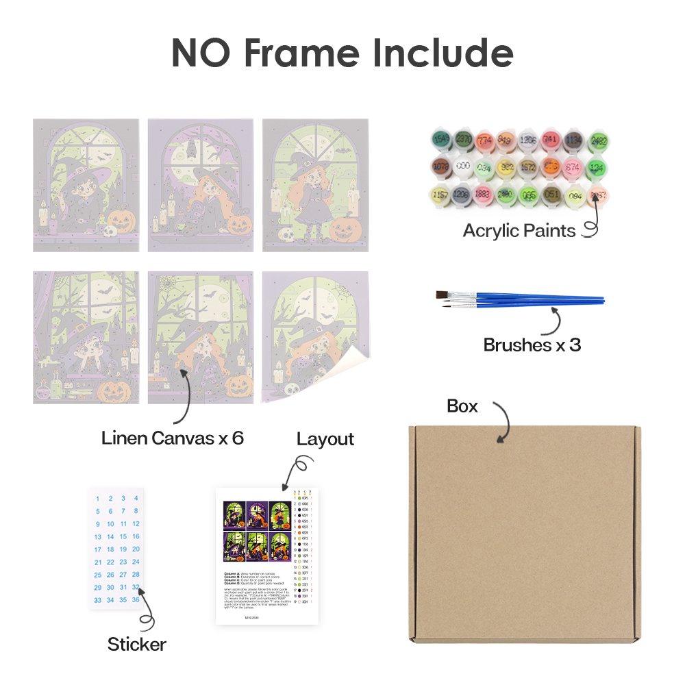 What's included without a frame: six rolled Witching Windows mini canvases, acrylic paints, three brushes and layout