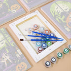 Numbered paint pots and brushes on a pre-stretched Witching Windows mini canvas