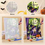 Before and after of a Witching Windows mini paint by numbers canvas