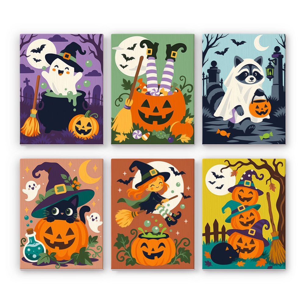 Witchy Pumpkin Patch mini paint by numbers set: six playful witchy pumpkin scenes with a ghost, witch legs, a raccoon, a black cat, a little witch and stacked pumpkins
