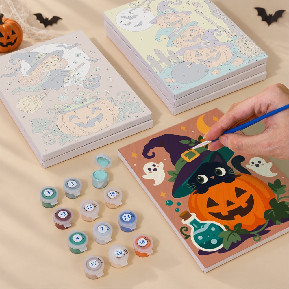 Witchy Pumpkin Patch mini canvas shown rolled without a frame and pre-stretched on a frame