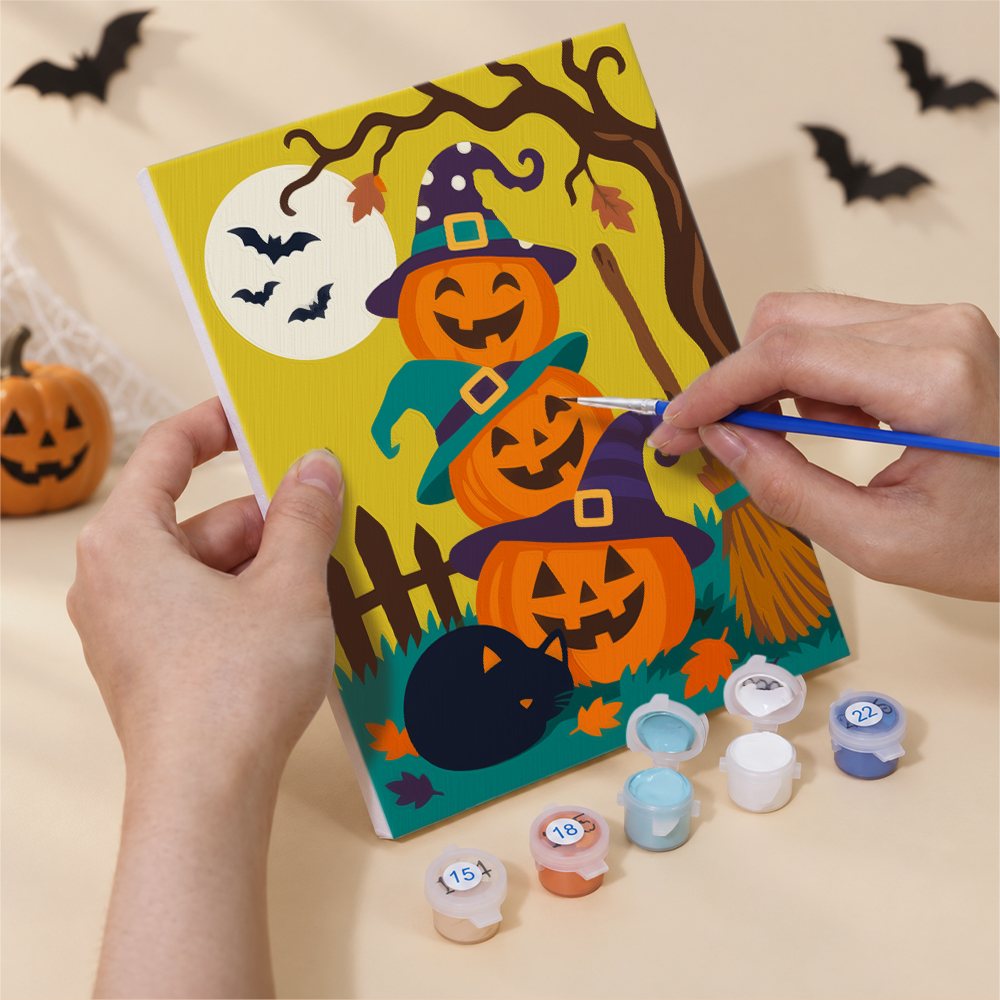 Numbered paint pots and brushes on a pre-stretched Witchy Pumpkin Patch mini canvas