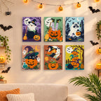 Before and after of a Witchy Pumpkin Patch mini paint by numbers canvas