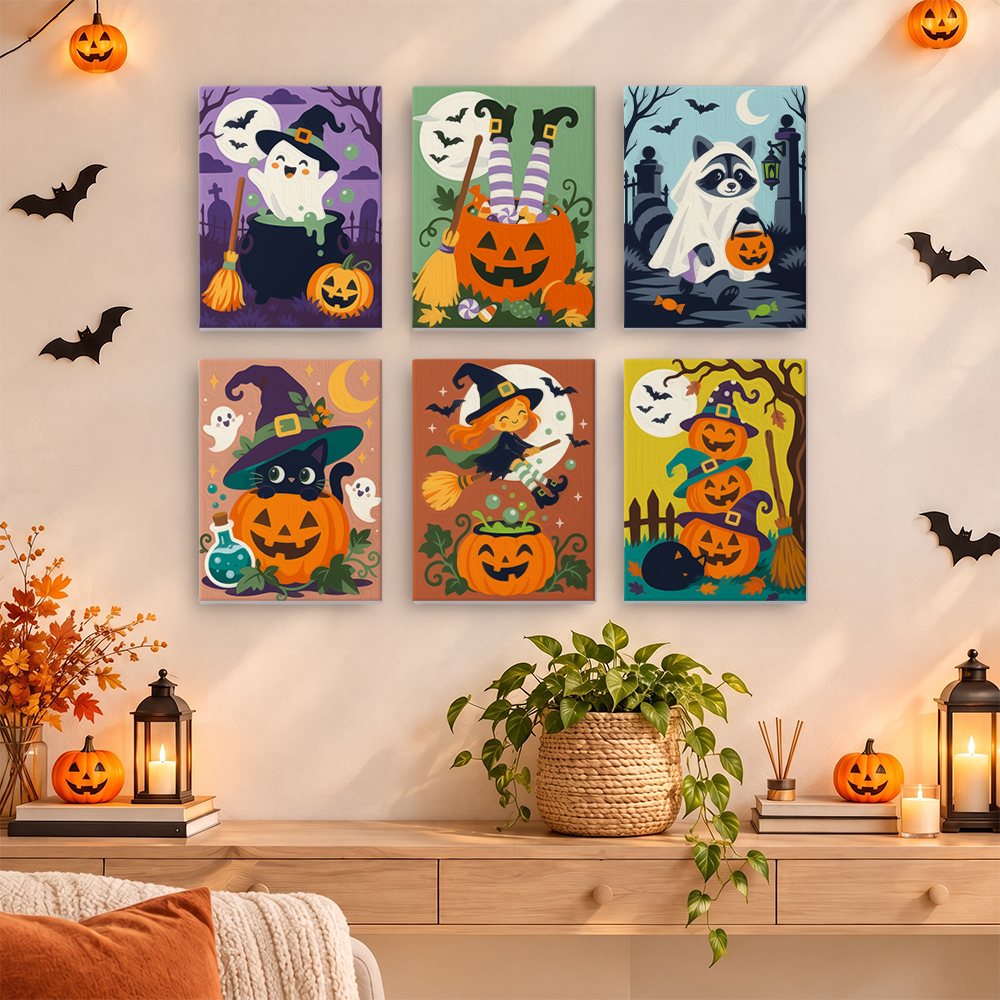 Painting a Witchy Pumpkin Patch mini canvas propped up beside numbered acrylic paints