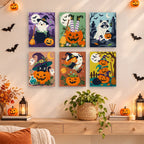 Painting a Witchy Pumpkin Patch mini canvas propped up beside numbered acrylic paints
