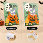 Six finished Witchy Pumpkin Patch mini paintings hung on a wall above a table