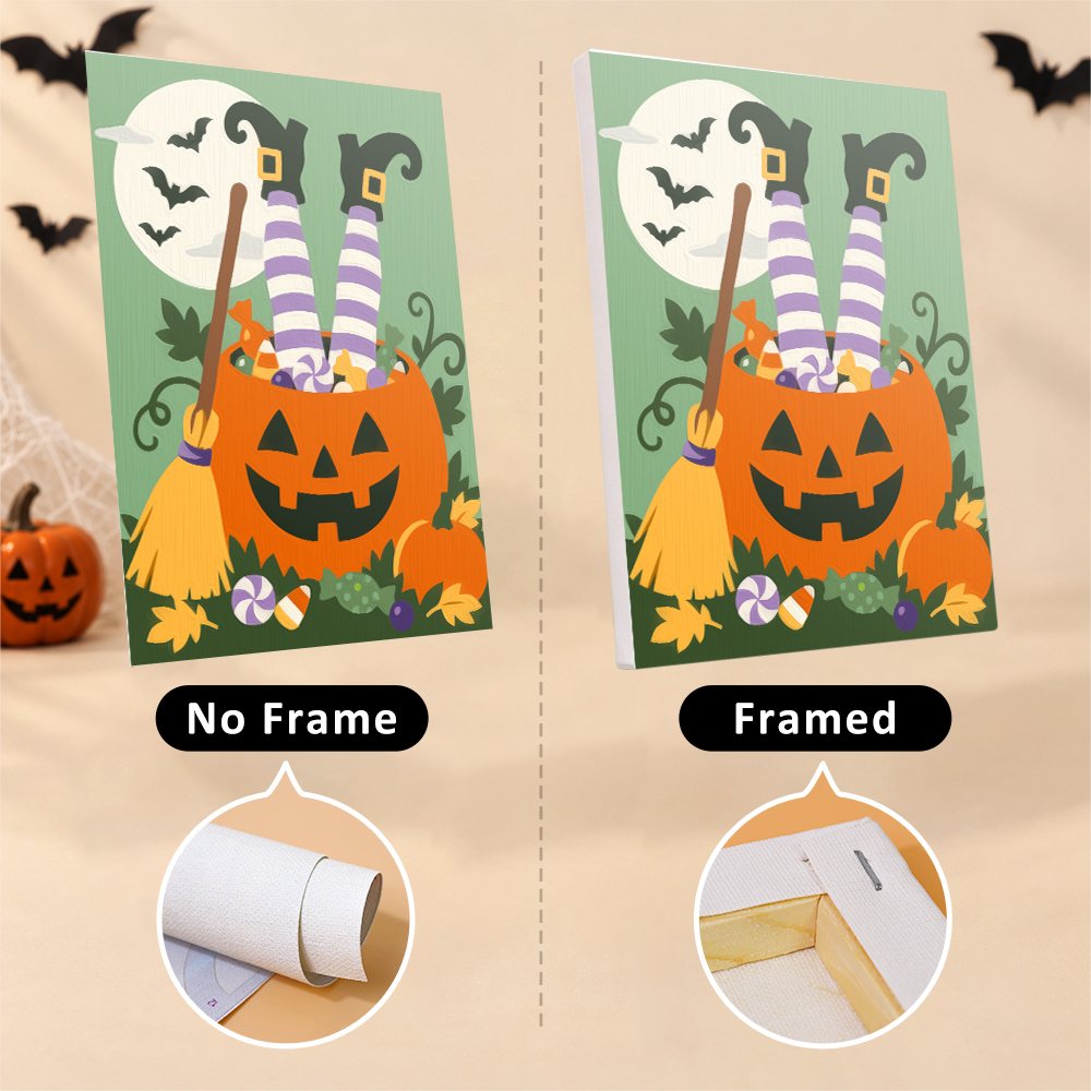 Six finished Witchy Pumpkin Patch mini paintings hung on a wall above a table