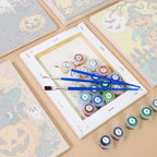 Witchy Pumpkin Patch mini paintings displayed as a gallery wall in a sunny kitchen