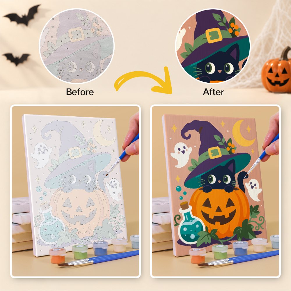 What's included without a frame: six rolled Witchy Pumpkin Patch mini canvases, acrylic paints, three brushes and layout