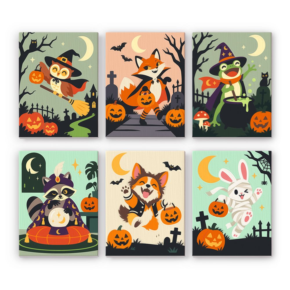 Woodland Costume Party mini paint by numbers set: six woodland animals in Halloween costumes, including an owl witch, foxes, a frog, a raccoon and a mummy bunny