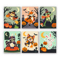 Woodland Costume Party mini paint by numbers set: six woodland animals in Halloween costumes, including an owl witch, foxes, a frog, a raccoon and a mummy bunny