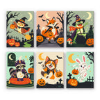 Woodland Costume Party mini paint by numbers set: six woodland animals in Halloween costumes, including an owl witch, foxes, a frog, a raccoon and a mummy bunny