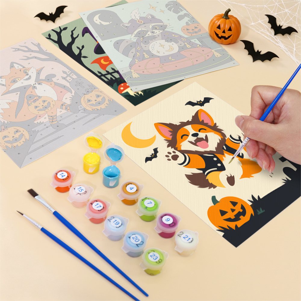 Filling in a Woodland Costume Party mini canvas with numbered acrylic paints and a fine brush