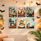 Six finished Woodland Costume Party mini paintings hung on a wall above a table