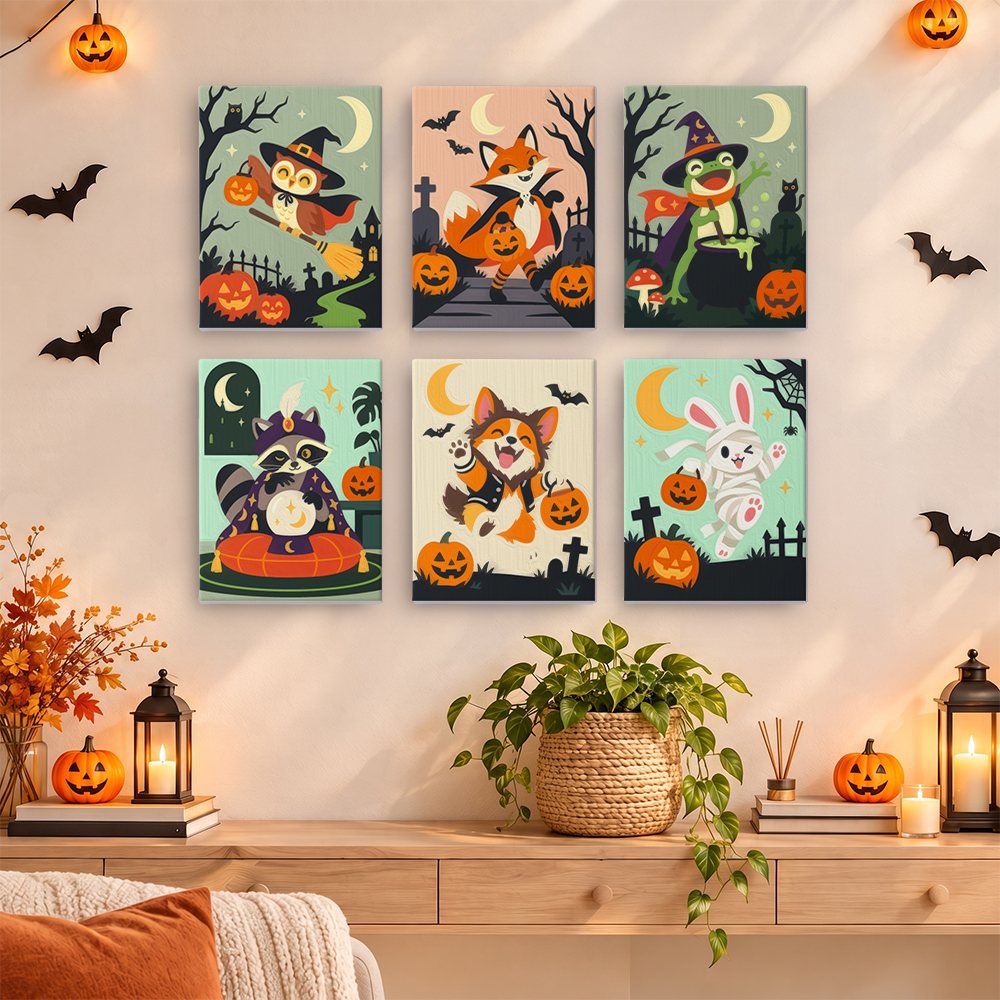 Woodland Costume Party mini paintings displayed as a gallery wall in a sunny kitchen