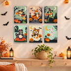 Woodland Costume Party mini paintings displayed as a gallery wall in a sunny kitchen