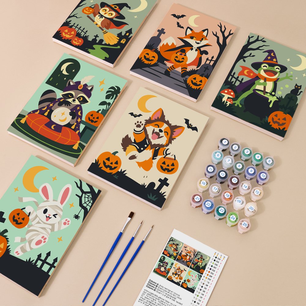 Woodland Costume Party mini paint by numbers kit with six numbered canvases, acrylic paints, brushes and layout