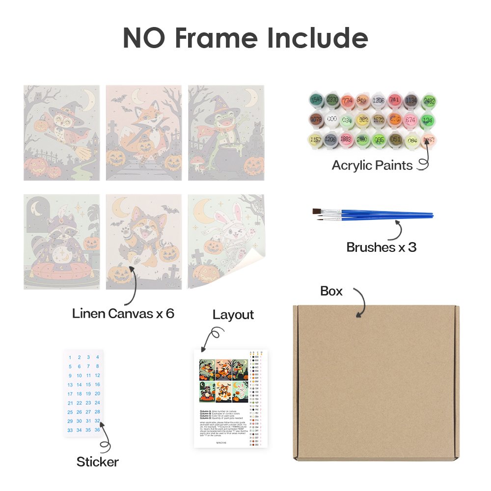 What's included without a frame: six rolled Woodland Costume Party mini canvases, acrylic paints, three brushes and layout