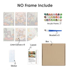 What's included without a frame: six rolled Woodland Costume Party mini canvases, acrylic paints, three brushes and layout