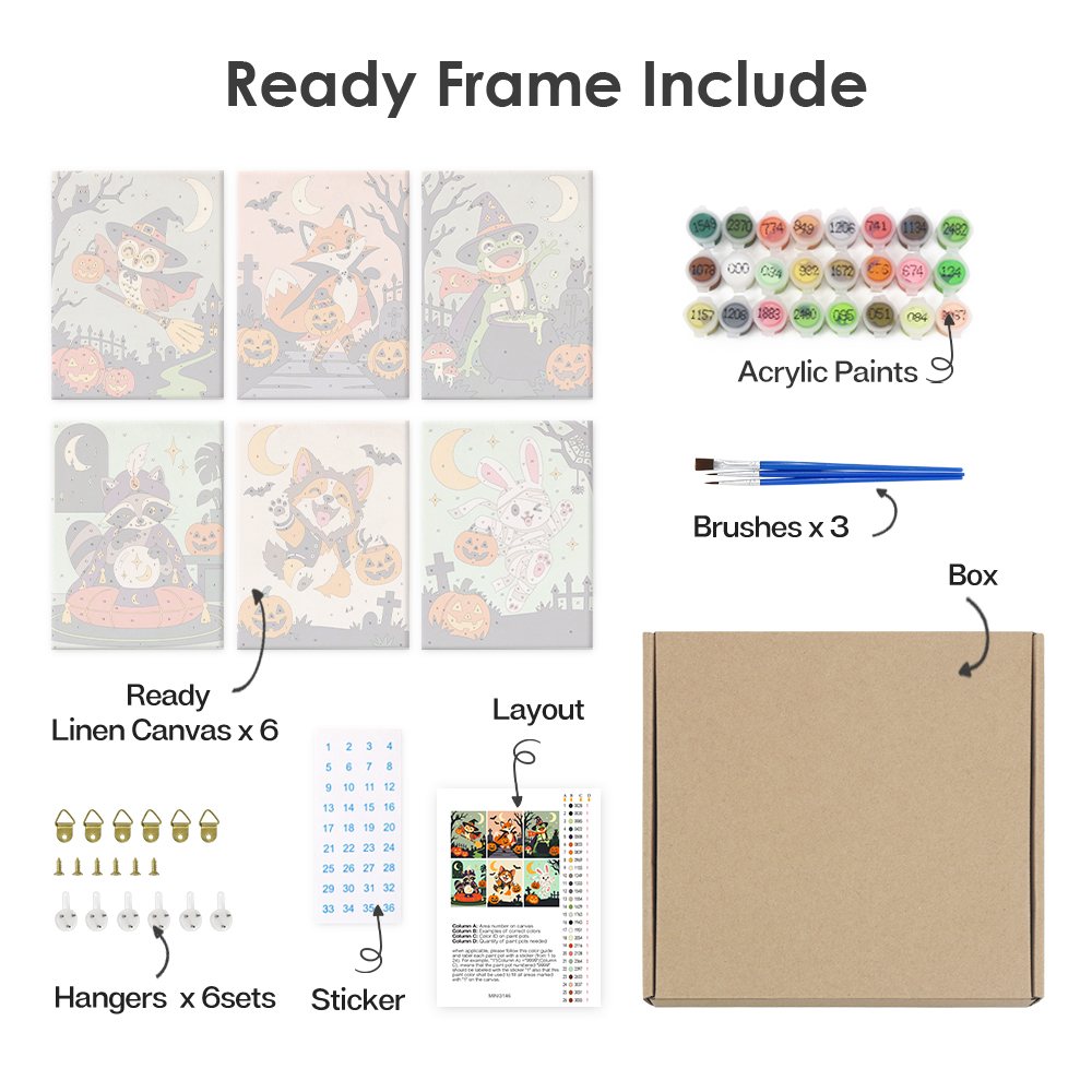 What's included pre-stretched on frame: six framed Woodland Costume Party mini canvases, paints, three brushes, hangers and layout